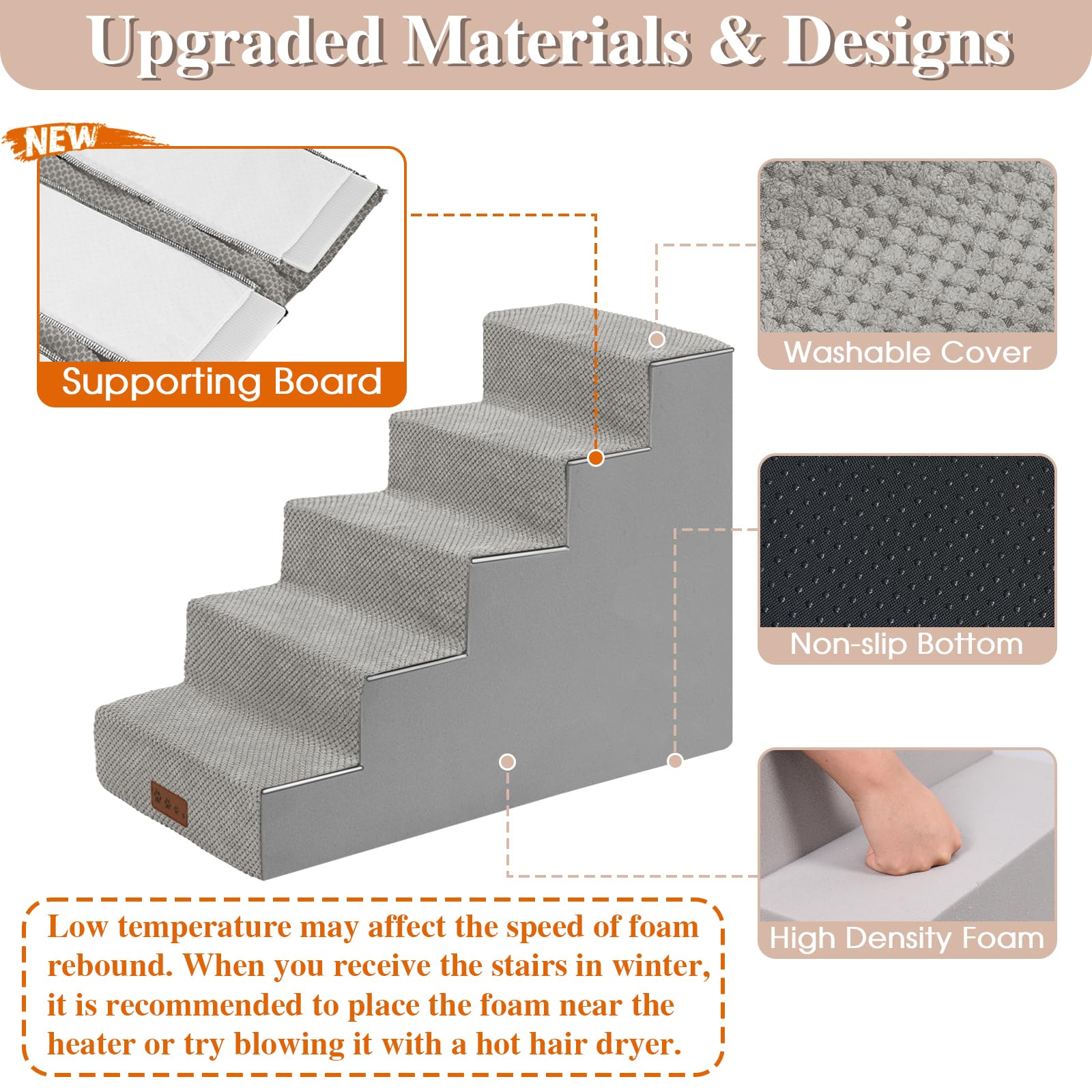 Ggib Dog Stairs For Small Dogs And Cats - Non-Slip Steps For High Bed, Sofa, Couch - Pet Ramp With Removable Washable Cover, Lig